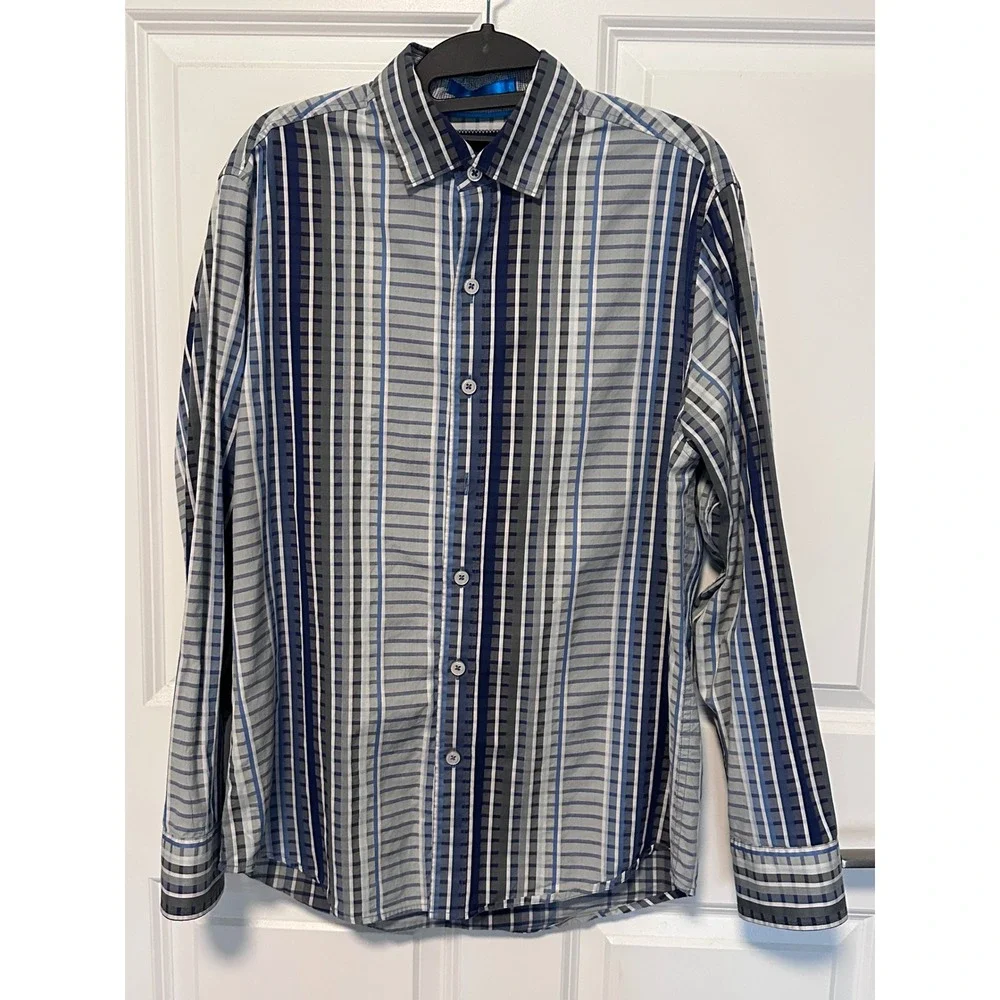 Tommy Bahama Button Down Mens L Blue Grey Excellent Pima Cotton Striped‎ Shirt